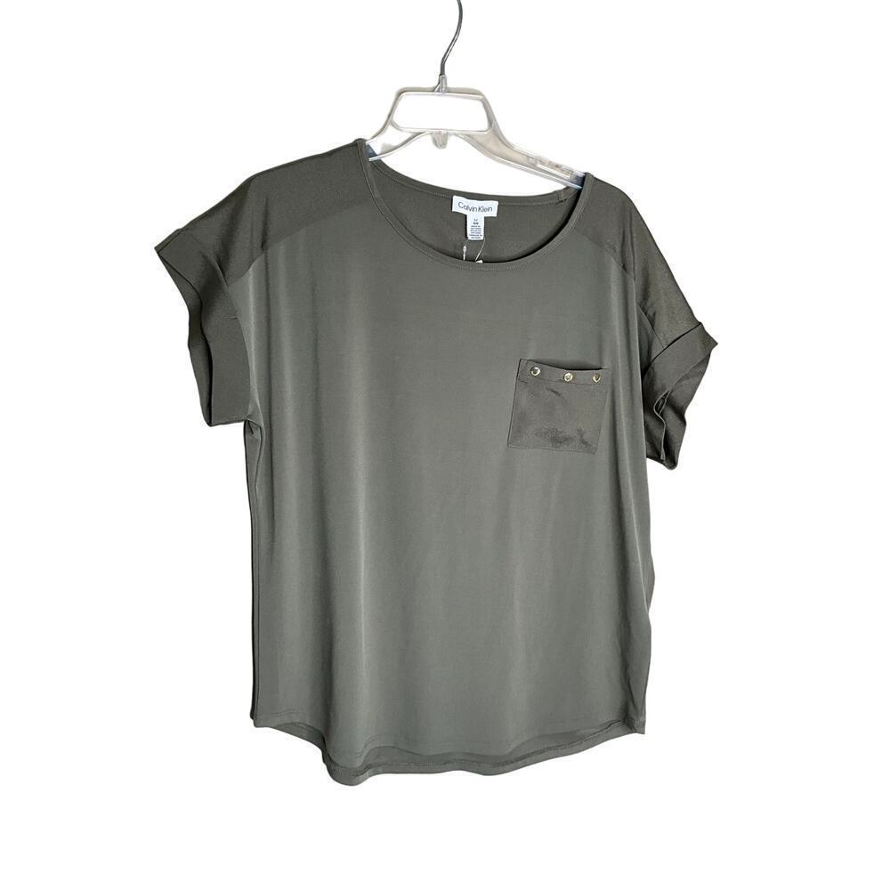 Calvin Klein Pocket Tee Shirt Short Sleeves Cuffed Olive Green Womens Large NWT